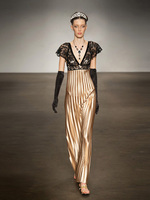 PdM Satin Pleated Gown with Lace Trim